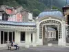 Cauterets - Spa town and health resort: pavillon of the gallery of Esplanade des Oeufs square and buildings of the town in the background