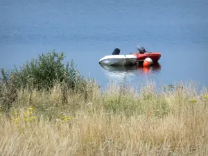 Cébron lake - Boats on the water, wildflowers and tall grass in the foreground