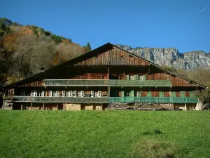 Chablais - Bergwiese (Alm), gefälltes Holz, altes Chalet, Bäume mit Farben des Herbstes und Berg (Massiv), im Haut-Chablais