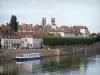 Chalon-sur-Saône - Rivier de Saone schip afgemeerd, museum-Nicephore Niepce (voormalige gemeentehuis van Royal Mail), huizen, rij van bomen en torens van de kathedraal van St. Vincent