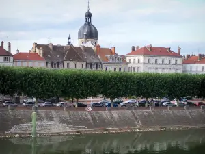 Chalon-sur-Saône - Rivier de Saone, een dok, rij bomen, huizen en de koepel van St. Peter