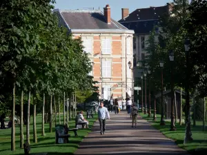 Châlons-en-Champagne - Allée du Jard (jardin) bordée d'arbres et de pelouses, bâtiments en arrière-plan