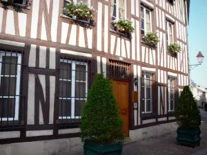 Châlons-en-Champagne - Fachwerkhaus mit Fenster geschmückt mit Blumen, Sträucher in Töpfen