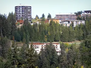 Chamrousse - Recoin (Chamrousse 1650) : immeubles et sapins de la station de ski en automne