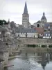 La Charité-sur-Loire - Bridge spanning River Loire, Sainte-Croix bell tower, octagonal tower of the Notre-Dame priory church and facades of the historic town