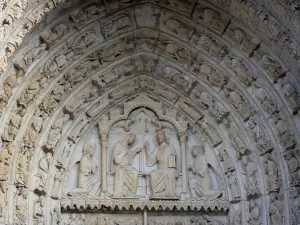 Chartres - Notre-Dame cathedral (Gothic building): tympanums (statuary, sculptures) of the central door of the Northern portal