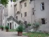 Château d'Aulteribe - Façade du château médiéval, fleurs et arbustes en pots ; sur la commune de Sermentizon