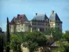 Château de Biron - Château, arbres et toits de maisons, en Périgord