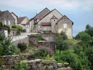 Château-Chalon - Flower garden, road and houses of the village