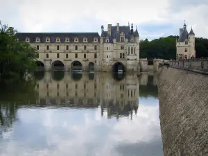 Château de Chenonceau - Renaissance château (Dame castle) with its two-floor gallery and its bridge on the River Cher, and Marques tower (keep)