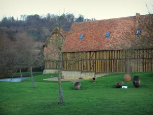 Château de Crèvecoeur-en-Auge - Arbres et bâtiments à pans de bois, dont le colombier en arrière-plan, dans le Pays d'Auge