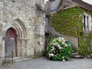 Château-Guillaume - Iglesia, la hortensia y la casa en la aldea en la ciudad de Lignac, en el valle de la Allemette, en el Parque Natural Regional de la Brenne
