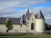 Château du Plessis-Bourré - Château, douves, pelouse, arbre, nuages dans le ciel, à Ecuillé