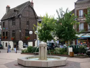 Château-Renard - Plein van de Republiek met een fontein, waar Jeanne d'Arc (oud vakwerkhuis), bomen, bloemen en huizen in de stad