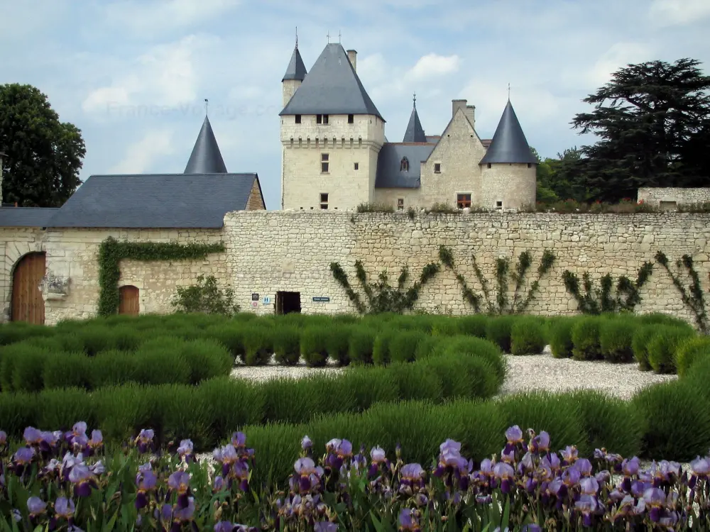 Le château du Rivau - Château du Rivau: Forteresse, arbres, lavande et iris (fleurs)
