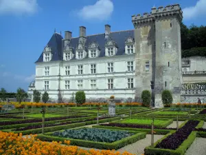 Château de Villandry and gardens - Castle and its keep, vegetable garden (flowers and vegetables) and clouds in the sky