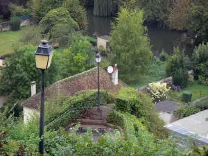 Châteaudun - Lampadaires, toit d'une maison, arbres au bord de la rivière Loir (vallée du Loir)