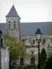 Châteaudun - Église de la Madeleine avec son clocher, lampadaire, façade de maison, fleurs et arbres
