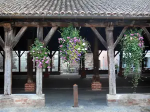 Châtillon-sur-Chalaronne - Covered market hall with suspended flowers 