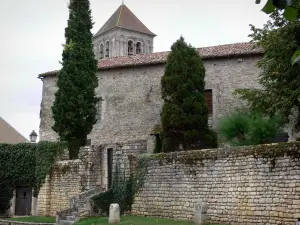 Chauvigny - Vivienda antigua casa del Museo de Tradiciones Populares y Arqueología, la torre de la colegiata de la iglesia de San Pedro y los árboles
