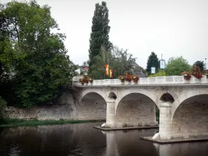 Chauvigny - Flower-covered bridge spanning the River Vienne, trees