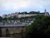 Chinon - Pont enjambant la rivière (la Vienne), arbres, maisons de la vieille ville et château (forteresse médiévale) surplombant l'ensemble