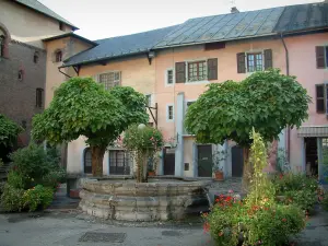 Città medievale di Conflans - Ottimo posto fiori Garella con fontana circondata da fiori e alberi, le case Red House il Museo di Etnografia e Storia, e le case dalle facciate colorate