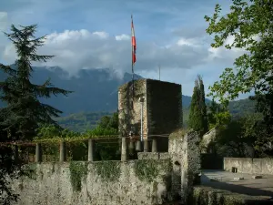 Città medievale di Conflans - Torre Saracena e il suo giardino, gli alberi, le nuvole nel cielo e le montagne sullo sfondo