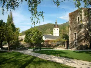 Città medievale di Conflans - Rami di un albero in primo piano, giardino torre saracena con i suoi sentieri, prati, alberi, panchine e fiori, la chiesa barocca di Saint-Grat e forestali in background