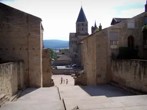 Cluny abbey - Benedictine abbey: squares, remains of the Barabans towers and front nave (narthex) of the Saint-Pierre-et-Saint-Paul abbey church, and the Eau Bénite bell tower in background