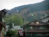 La Clusaz - Chalets of the village (winter and summer sports resort), cable car (ski lift) and forest in autumn