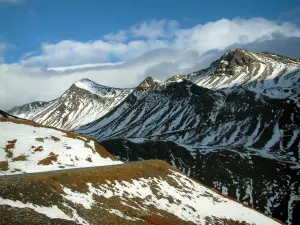 Col du Galibier pass - Grande Alpes (Alps) road: Galibier road and snowy summits of mountains