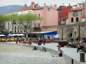 Collioure - Caffè all'aperto, la spiaggia e le facciate colorate del centro storico
