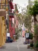 Collioure - Ruelle bordée de maisons aux façades colorées et chevalets d'un atelier d'art