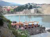 Collioure - Terrasse eines Restaurants mit Blick auf das Meer und die Befestigungen des Schlosses von Collioure