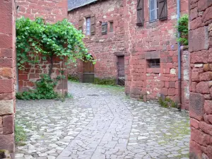 Collonges-la-Rouge - Calle pavimentada bordeada de casas de piedra de arenisca roja