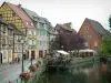 Colmar - La petite Venise : rivière (la Lauch), quai de la Poissonnerie orné de fleurs, terrasse de café, arbres et maisons colorées à colombages