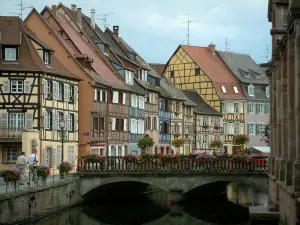 Colmar - La Petite Venise : pont fleuri enjambant la rivière (la Lauch) et maisons colorées à colombages