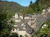 Conques - View of the tower of the Humières castle and houses with slate roofs in the medieval village