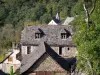 Conques - Houses with tiled roofs and bell tower of the Saint-Roch chapel in the background