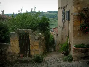 Cordes-sur-Ciel - Portillon d'un jardin et maisons de la cité médiévale avec vue sur les collines environnantes