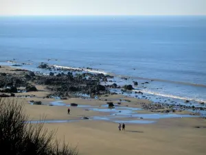 Côte Fleurie - Plage de sable avec des promeneurs, rochers et mer (la Manche)