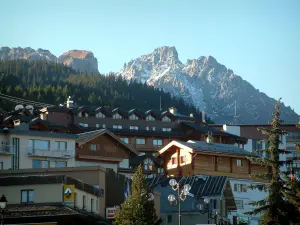 Courchevel - Résidences de la station de ski (sports d'hiver), forêt de sapins et montagne