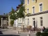 Crémieu - Medieval town: Place de la Nation square: facades of houses, café terrace, fountain and trees