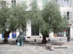 Dax - Piazza del Duomo, con i suoi ulivi e la statua del legionario romano e il suo cane