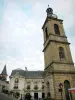 Decize - Torre del Reloj, con su estatua de Guy Coquille, la fachada del Ayuntamiento y el campanario de la Iglesia de San Son