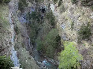 Défilé des Étroits - Gorge : rivière Souloise bordée d'arbres et de parois rocheuses ; dans le Dévoluy