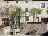 Désaignes - Brunnen, Platz versehen mit Bäumen und Laternen, Eingang des Fremdenverkehrsamts und Steinfassaden des mittelalterlichen Dorfes