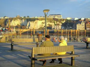 Dieppe - Personen sitzen auf einer Bank mit Blick auf den Hafen, die Kais, die Häuser der Stadt und den Kreidefelsen