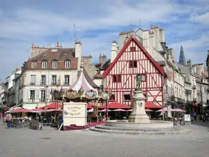 Dijon - Fuente, carrusel y fachada de entramado de madera de Place François Rude